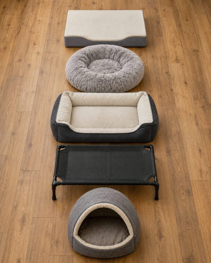 Different types of dog beds including orthopedic, donut, and bolster styles