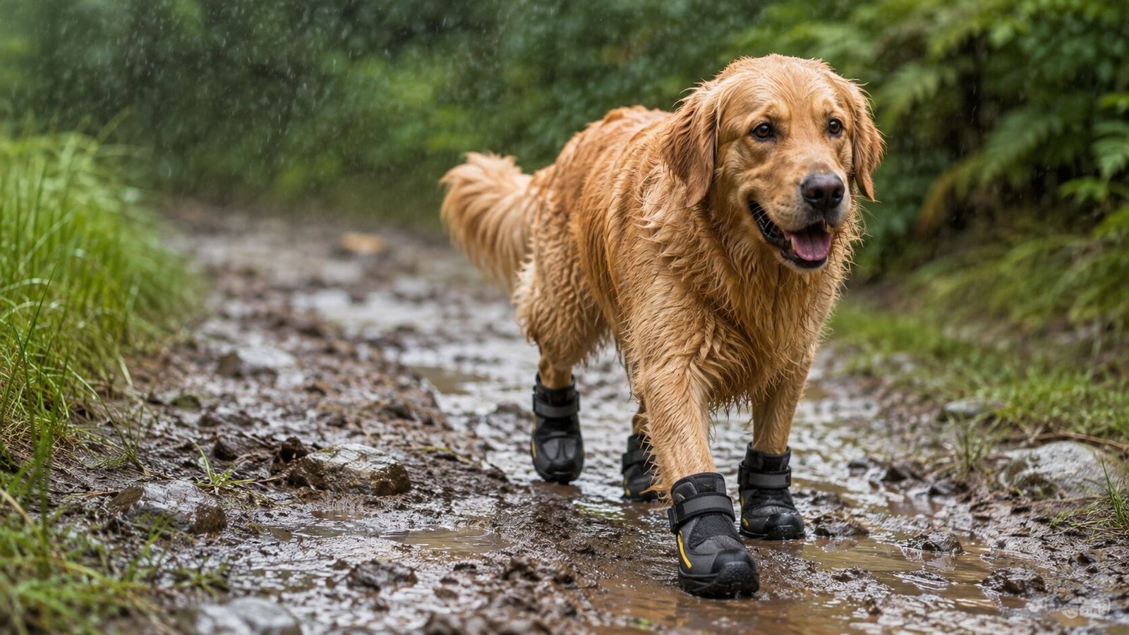 Golden Retriever wearing waterproof dog boots while walking through rain and muddy trail