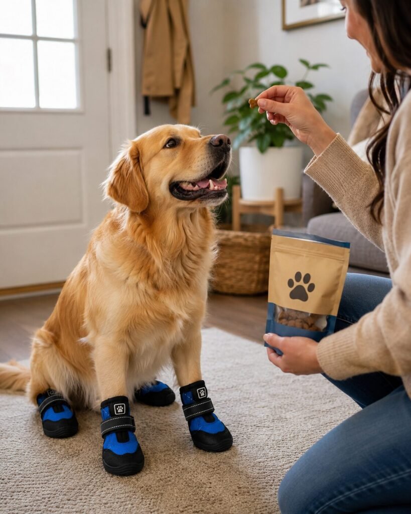 Owner training a dog to wear waterproof boots indoors using treats