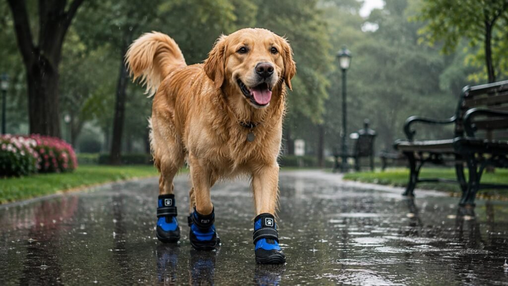 Happy dog walking confidently in rain while wearing waterproof dog boots