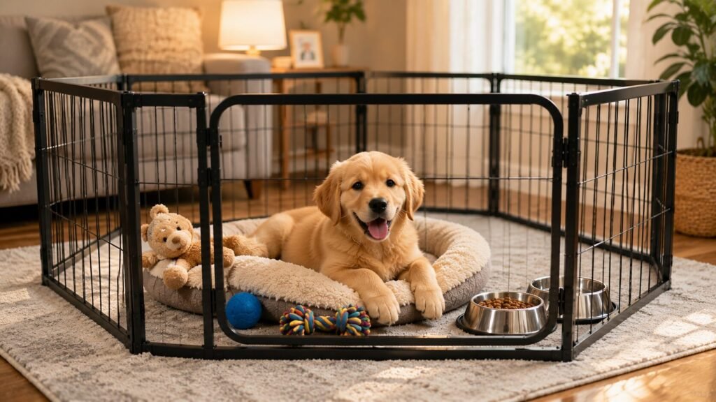 Happy puppy relaxing inside the best dog playpen