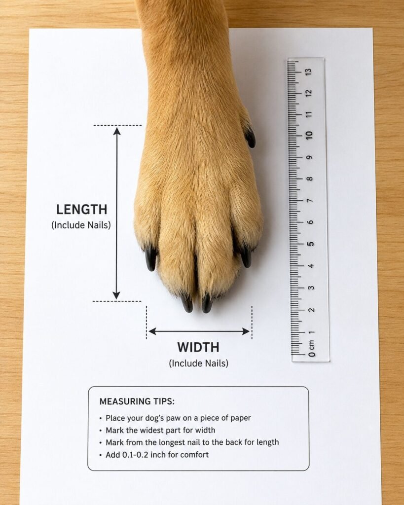 Dog paw measurement guide using ruler before buying dog boots