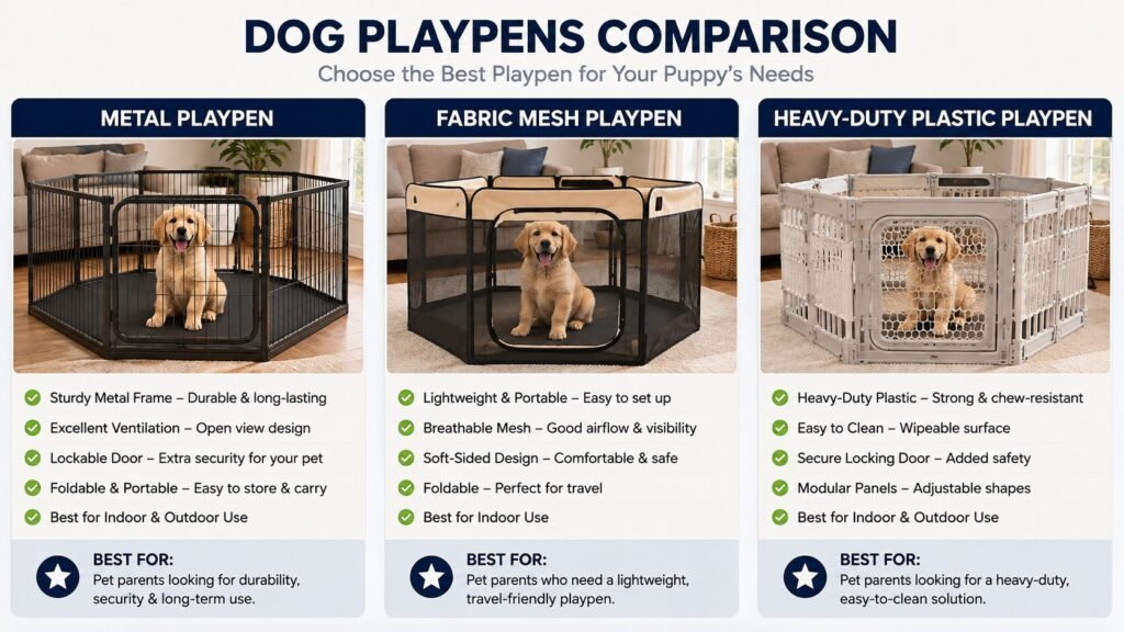 Comparison of metal fabric and plastic dog playpens