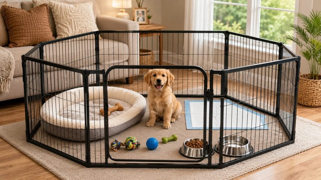 Perfect puppy playpen setup with bed toys and water bowl
