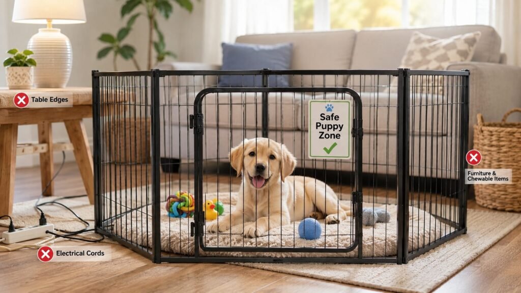 Puppy staying safe inside a secure dog playpen