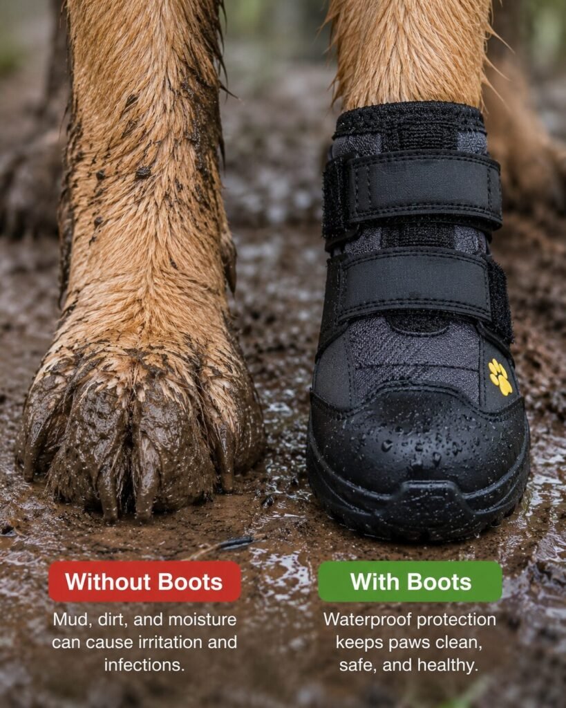 Dog paw standing in muddy water showing why waterproof dog boots are important